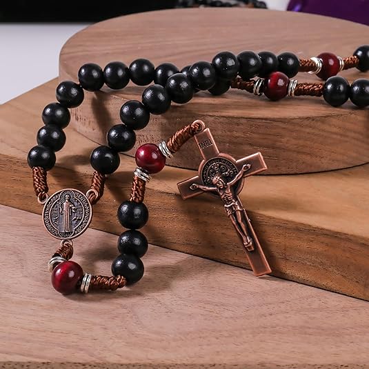 10mm black and 10mm black & dark red wood mystery beads, this rosary offers a bold, strong design that’s perfect for men.
