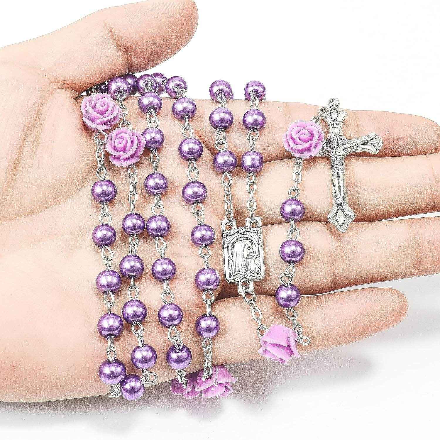 Purple Pearl Catholic Rosary Necklace Our Rose Lourdes Medal