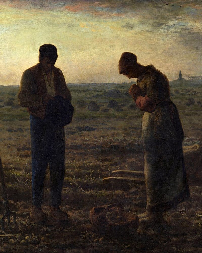 Two farm workers pausing to pray the Angelus, painting by Jean-François Millet