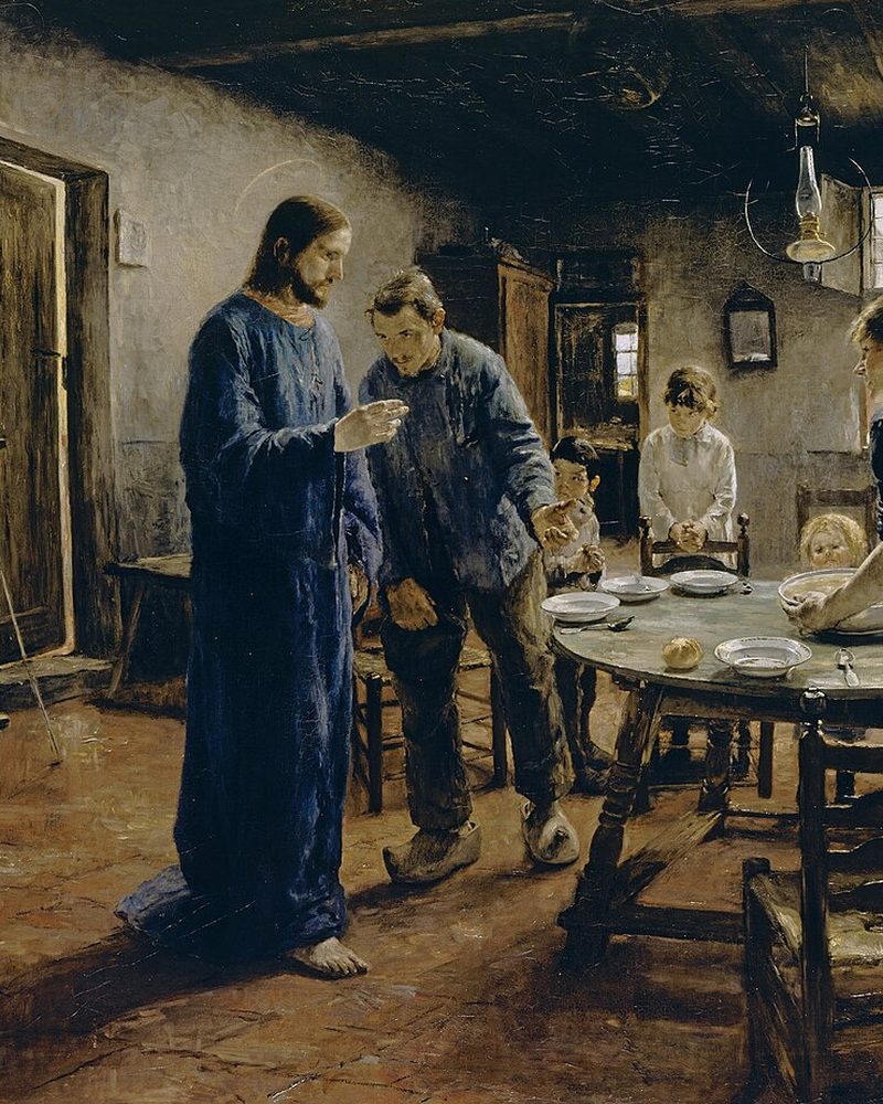 A family praying grace with Jesus at their table, painting by Fritz von Uhde