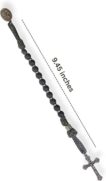 Black beaded rosary with a cross measurement on a white background