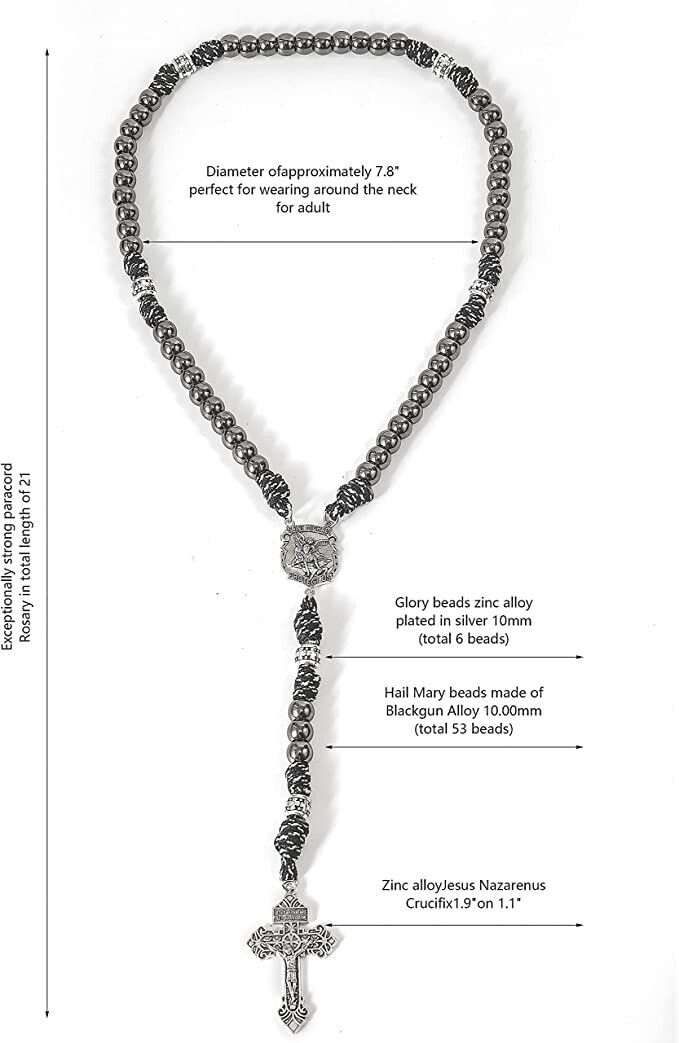 St. Michael Paracord Rosary Beaded Necklace Gun Black Metal Beads Men Rosary 20" Nazareth Store