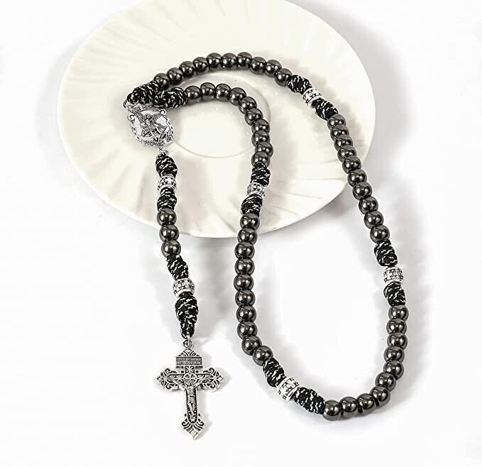 St. Michael Paracord Rosary Beaded Necklace Gun Black Metal Beads Men Rosary 20" Nazareth Store