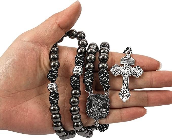 St. Michael Paracord Rosary Beaded Necklace Gun Black Metal Beads Men Rosary 20" Nazareth Store