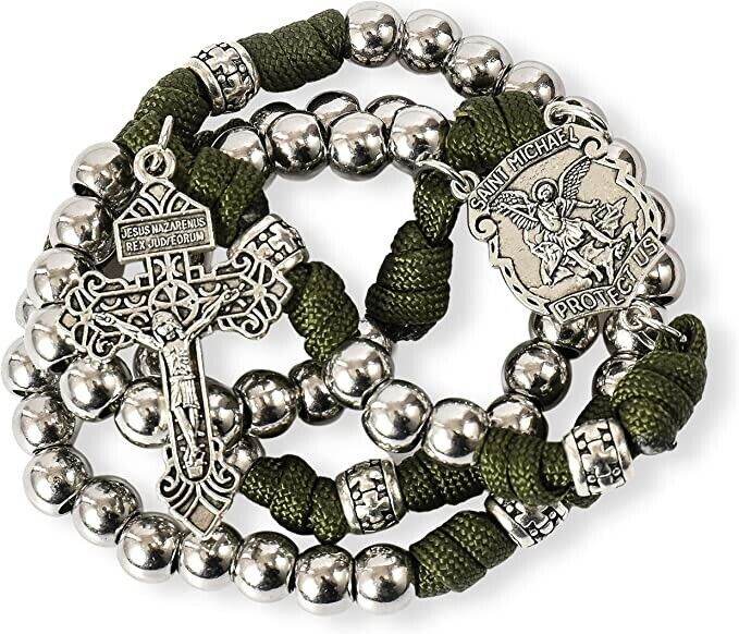 St. Michael Paracord Rosary Necklace with Alloy Beads Our Father Prayer & Jesus Crucifix - Nazareth Store