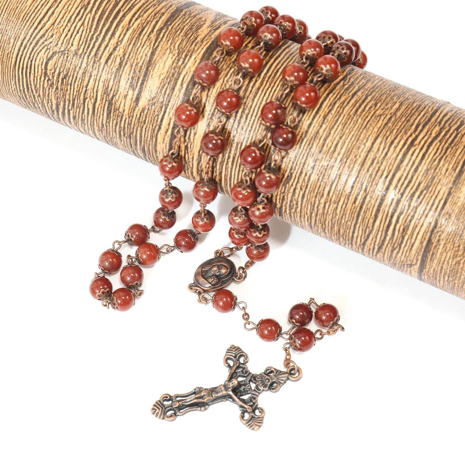 Red Carnelian Natural Stone Rosary Necklace with Holy Soil Medal & Crucifix Cross - Nazareth Store