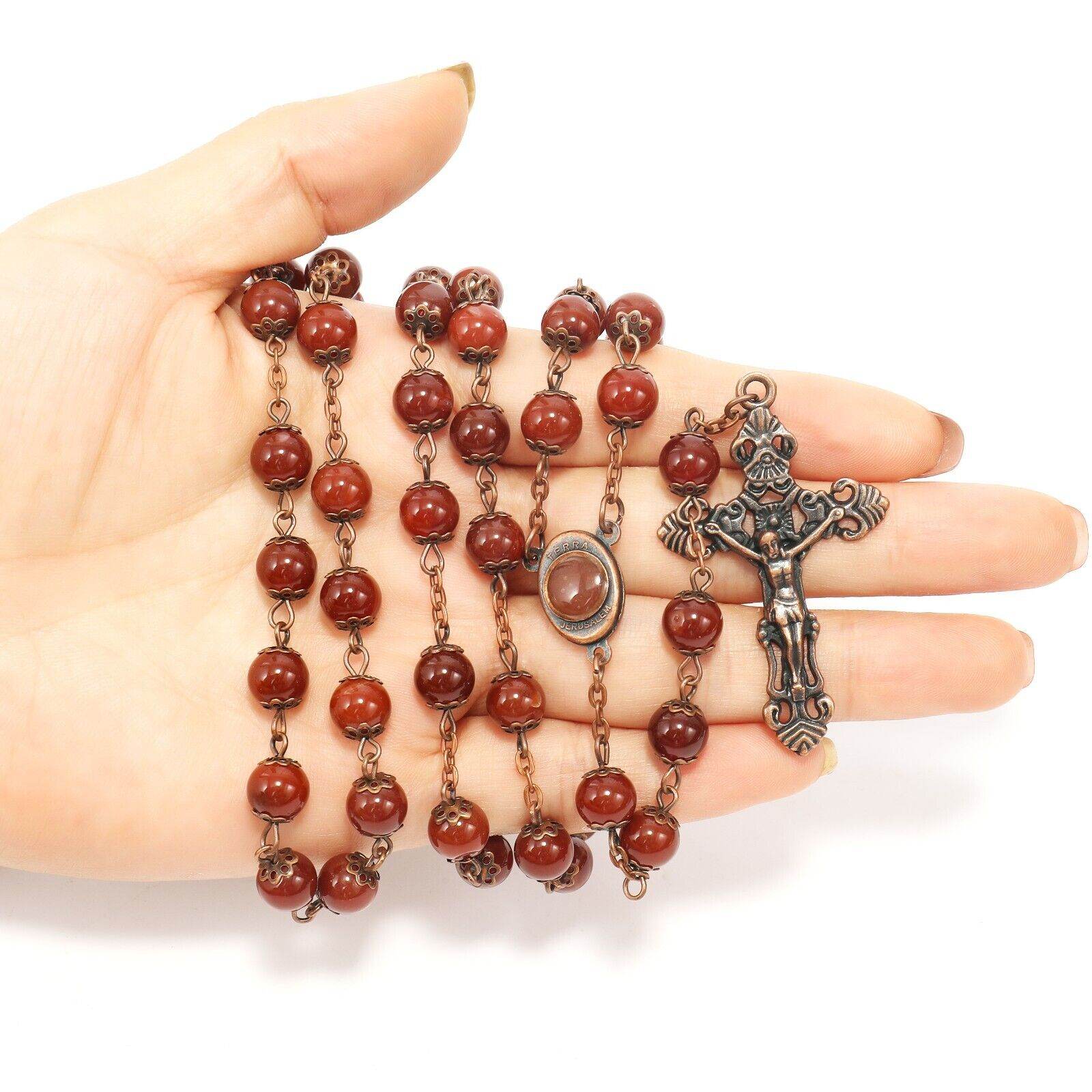 Red Carnelian Natural Stone Rosary Necklace with Holy Soil Medal & Crucifix Cross - Nazareth Store