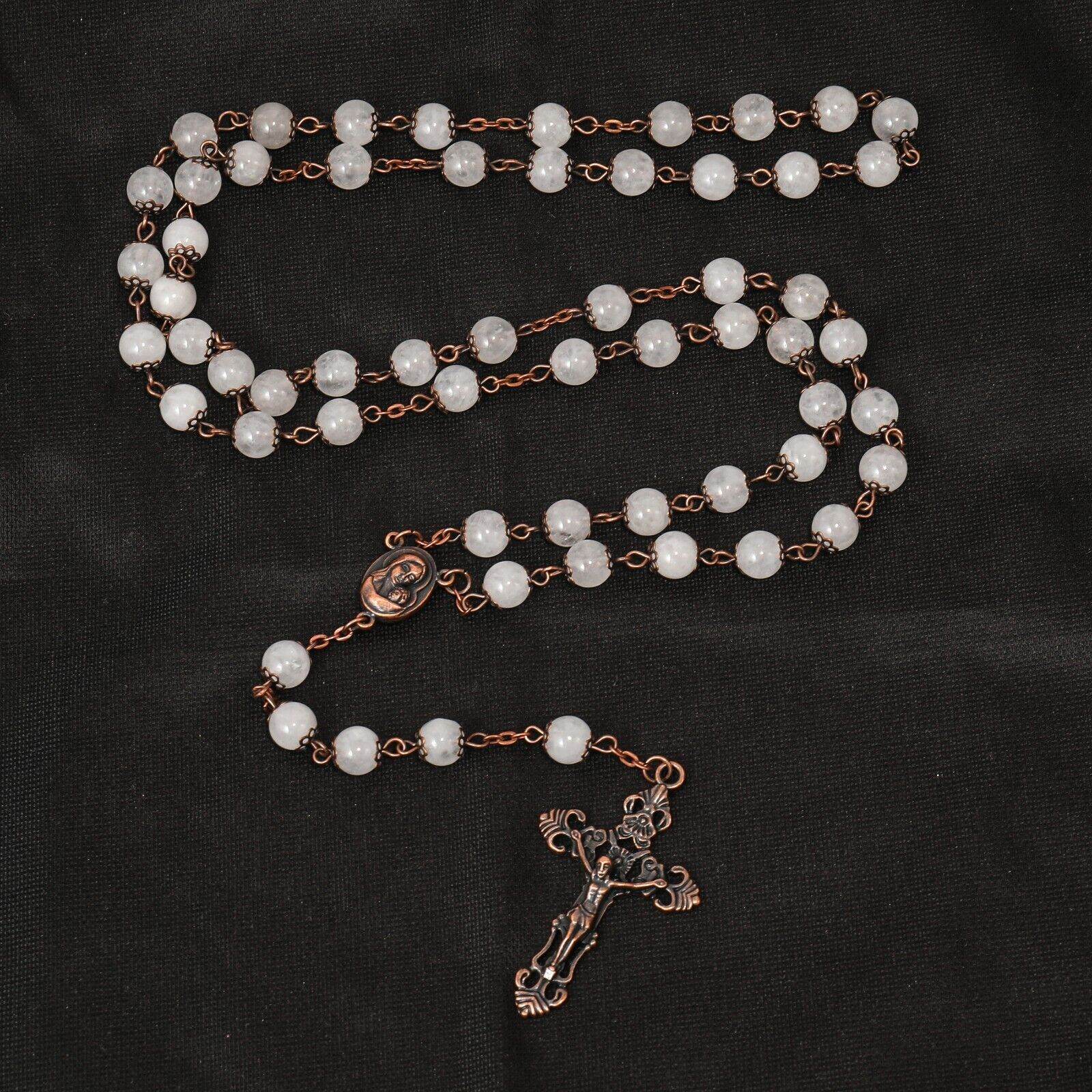 Clear Agate Natural Stone Rosary Beads Necklace Holy Soil & Cross Crucifix - Nazareth Store