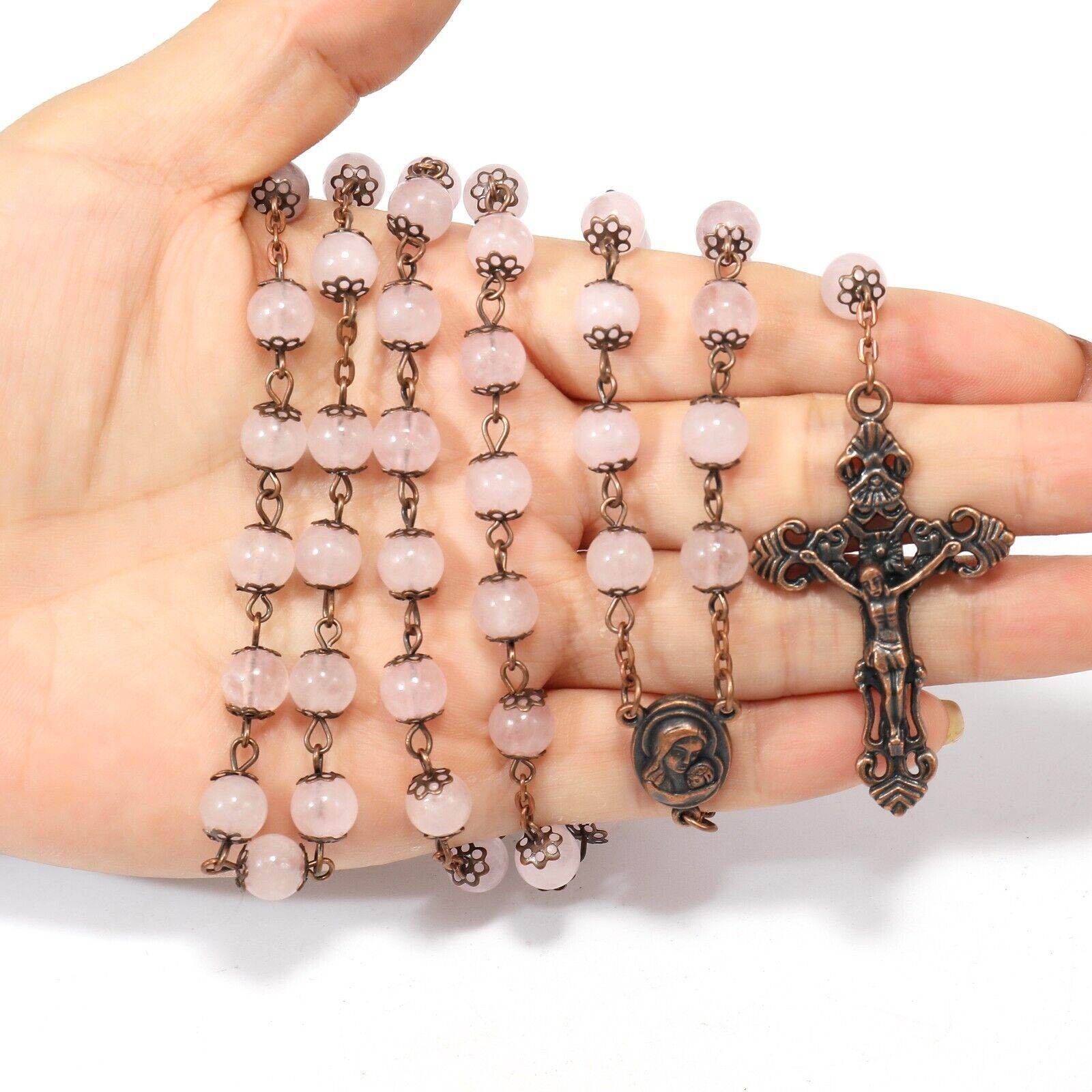 Rose Quartz Natural Stone Rosary Beads Necklace Holy Soil & Cross Crucifix - Nazareth Store