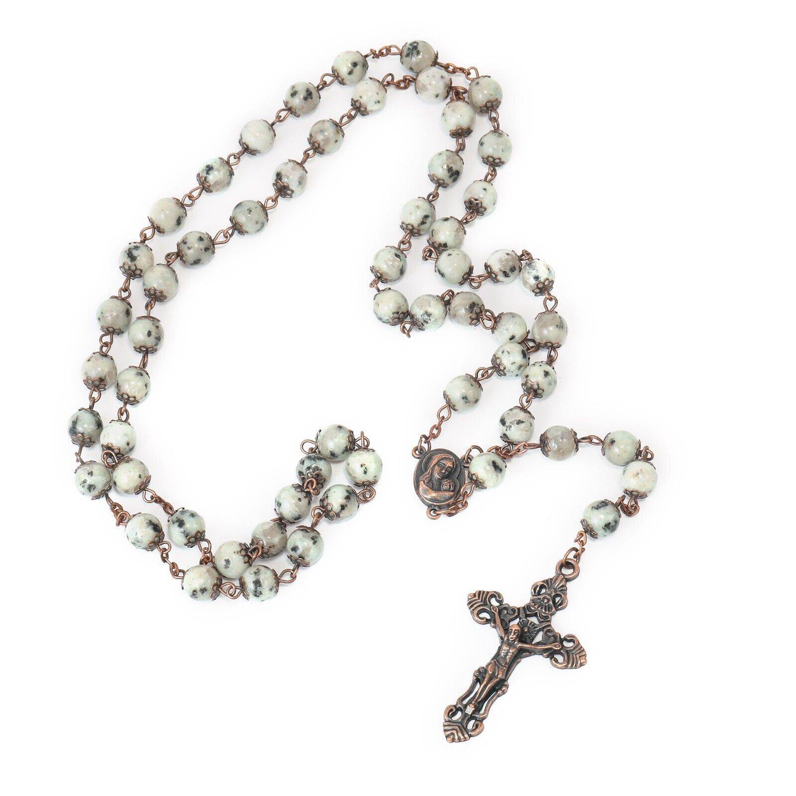 Dalmatian Jasper Natural Stone Rosary Beads Necklace Holy Soil & Cross - Nazareth Store