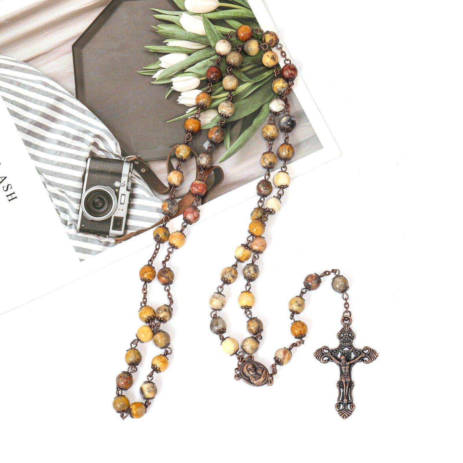 Yellow Jasper Natural Stone Rosary Beads Necklace Holy Soil & Cross Crucifix - Nazareth Store