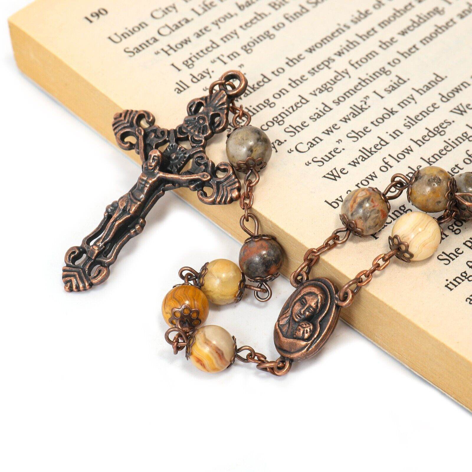 Yellow Jasper Natural Stone Rosary Beads Necklace Holy Soil & Cross Crucifix - Nazareth Store