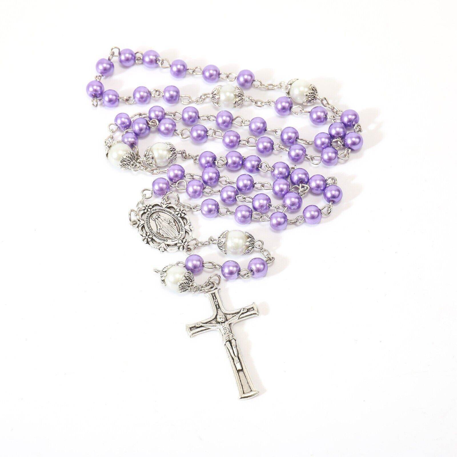 Purple Pearl Rosary Beads White Our Father Beads with Lourdes Medal & Crucifix Necklace - Nazareth Store