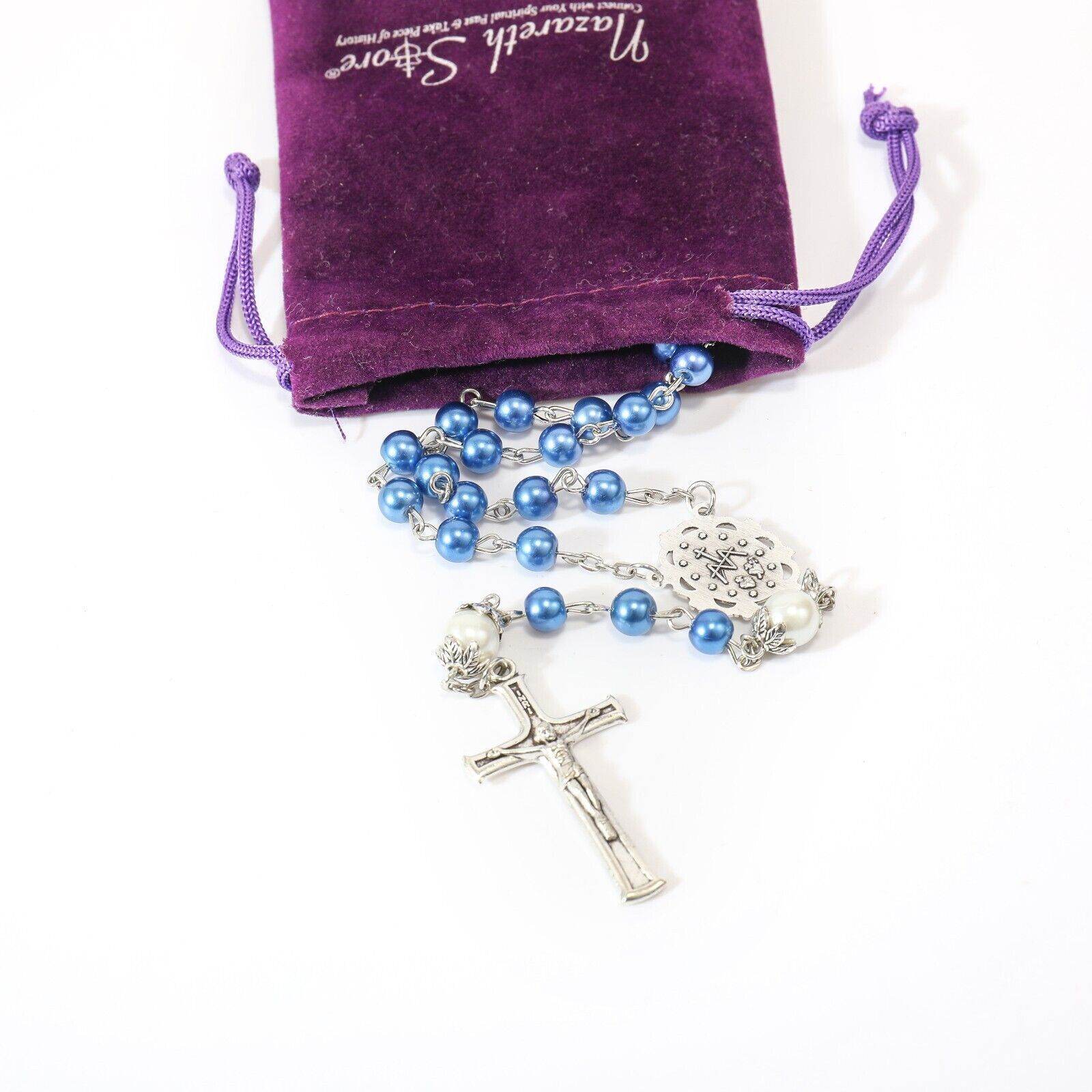 Blue Pearl Rosary Beads White Beaded Necklace Lourdes Medal & Cross - Nazareth Store