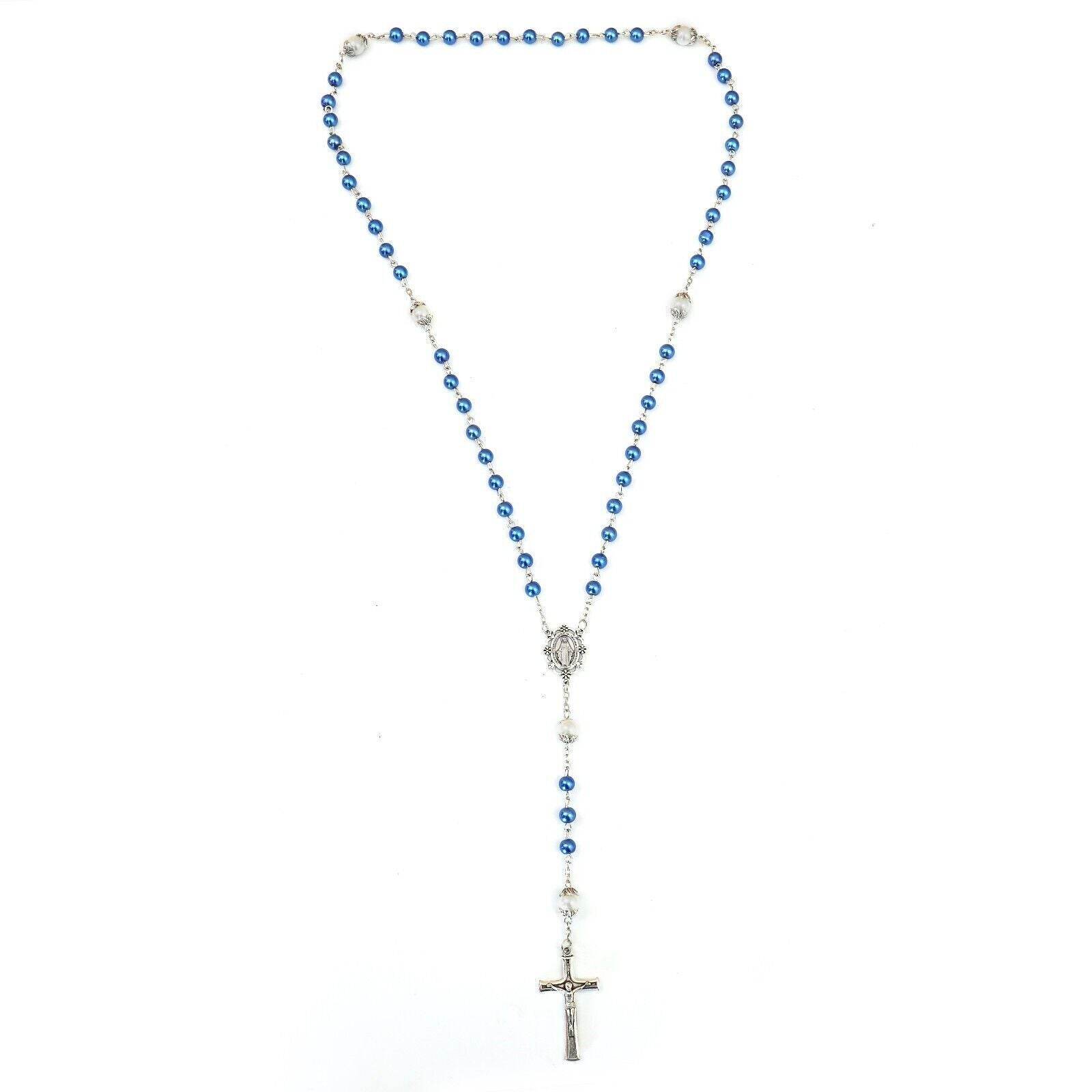 Blue Pearl Rosary Beads White Beaded Necklace Lourdes Medal & Cross - Nazareth Store