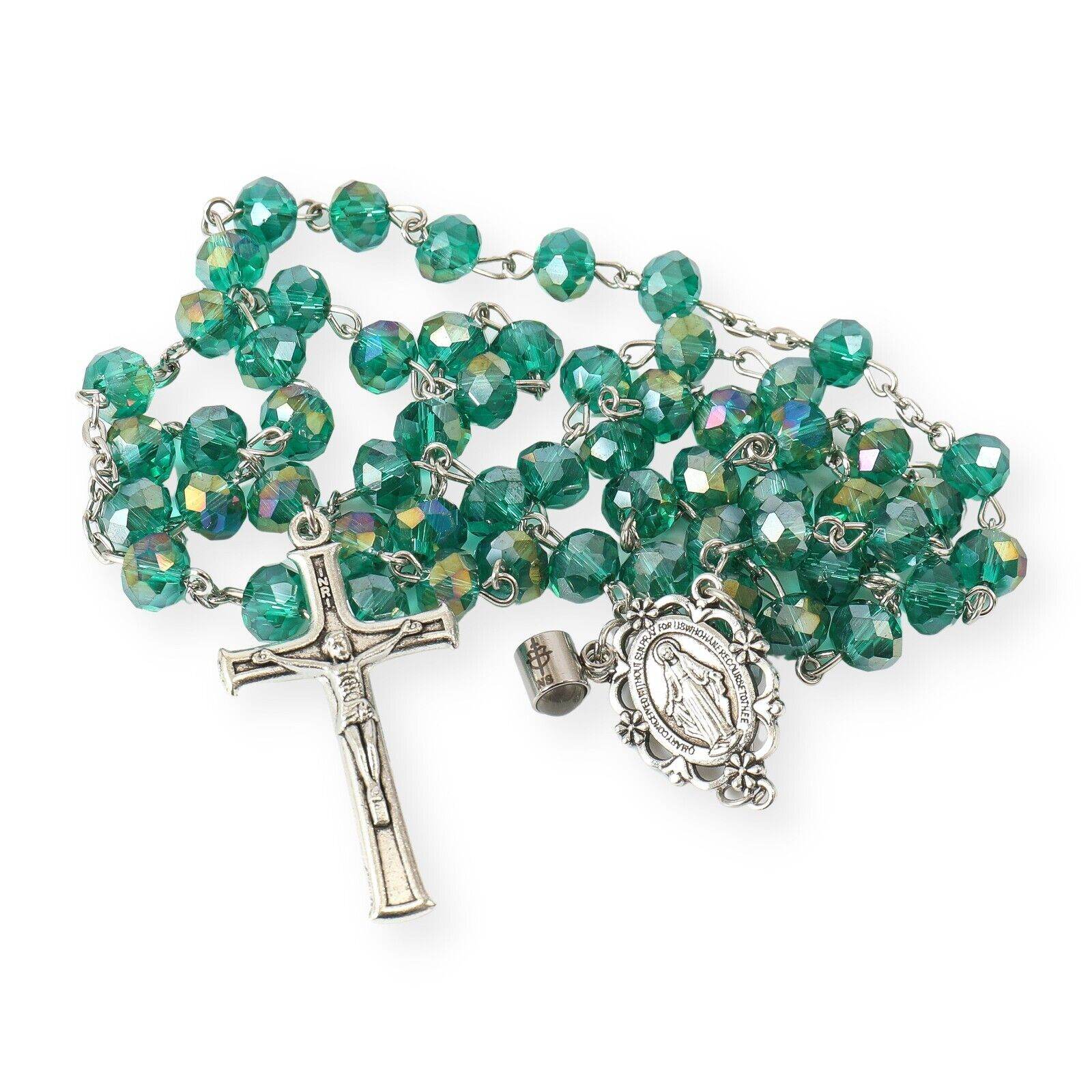 Green Crystallized Beads Rosary Miraculous Medal - Nazareth Store