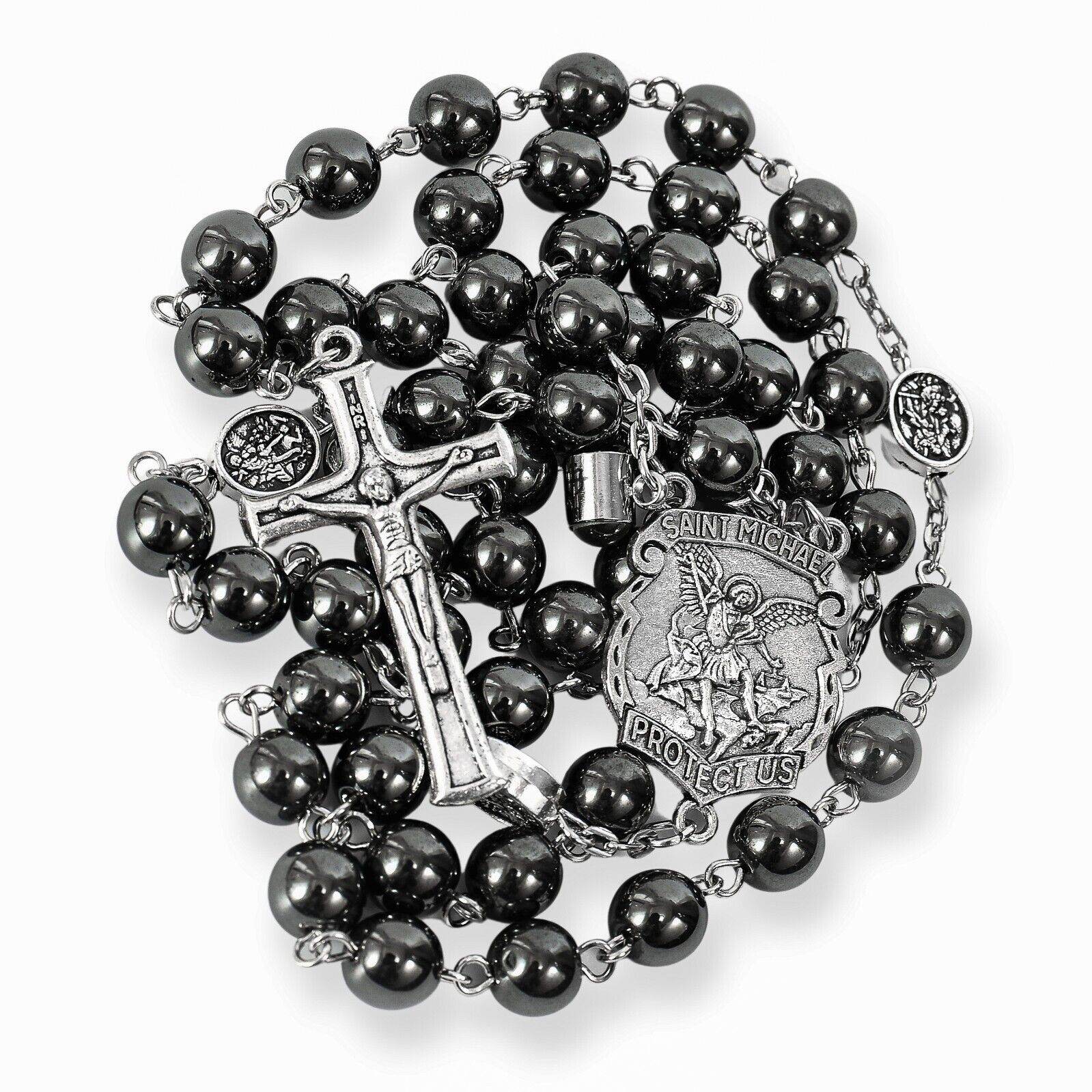 St. Michael Hematite Rosary Stone Beads with Lord’s Prayer Saint Medal & Crucifix - Nazareth Store