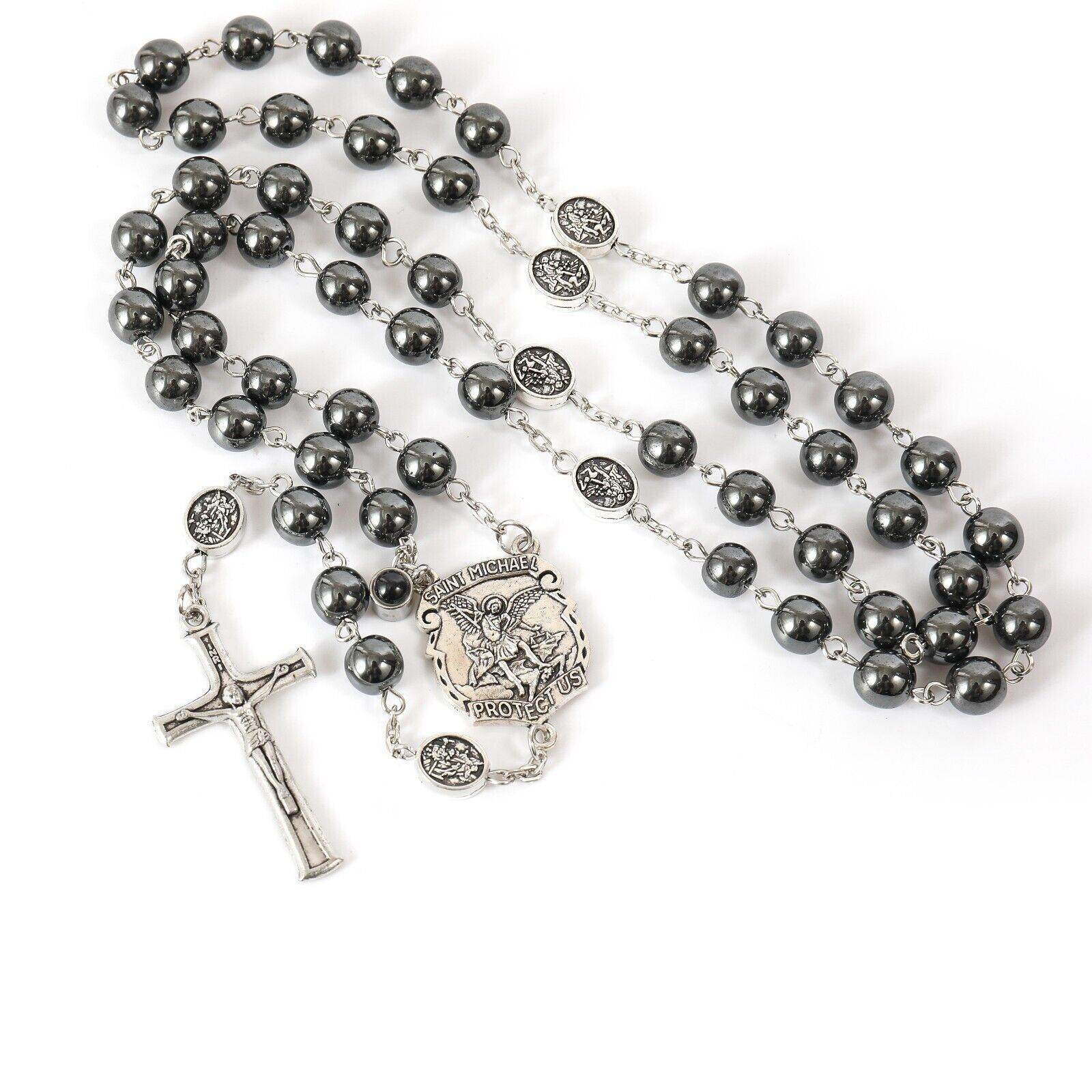 St. Michael Hematite Rosary Stone Beads with Lord’s Prayer Saint Medal & Crucifix - Nazareth Store