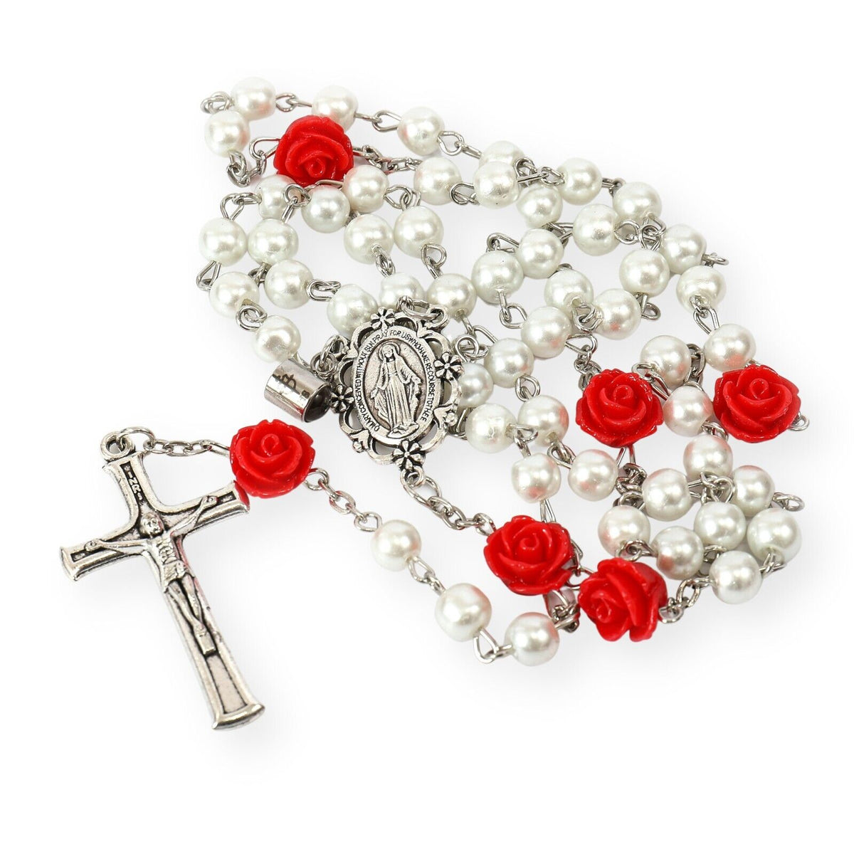 Collar De Rosario De Perlas Blancas Con Cruz - 53 Cm, Incluye Bolsa De Terciopelo, Regalo Para Comunión O Oración