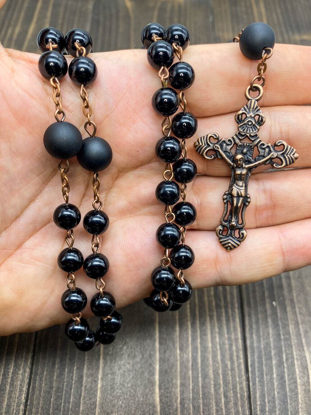 Natural Onyx Stone Beads Rosary Vintage Design Necklace Holy Soil Medal Cross - Nazareth Store