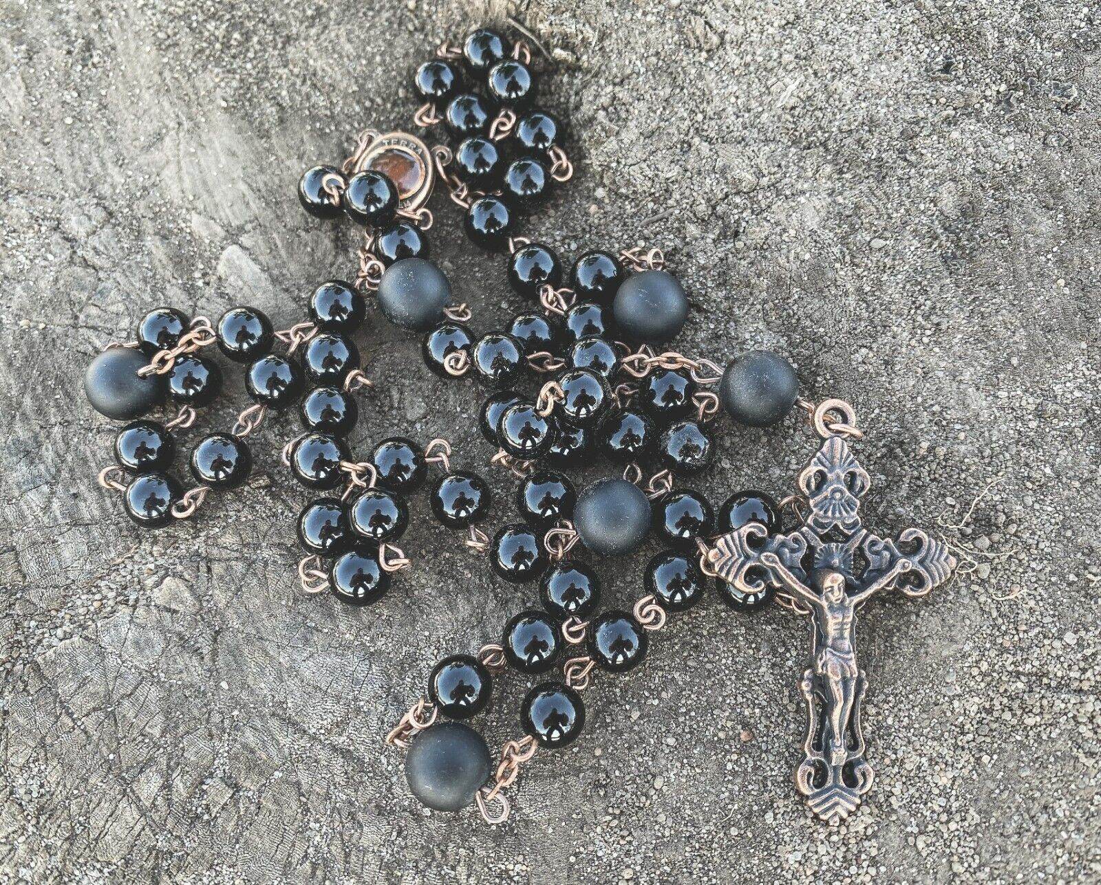 Natural Onyx Stone Beads Rosary Vintage Design Necklace Holy Soil Medal Cross - Nazareth Store