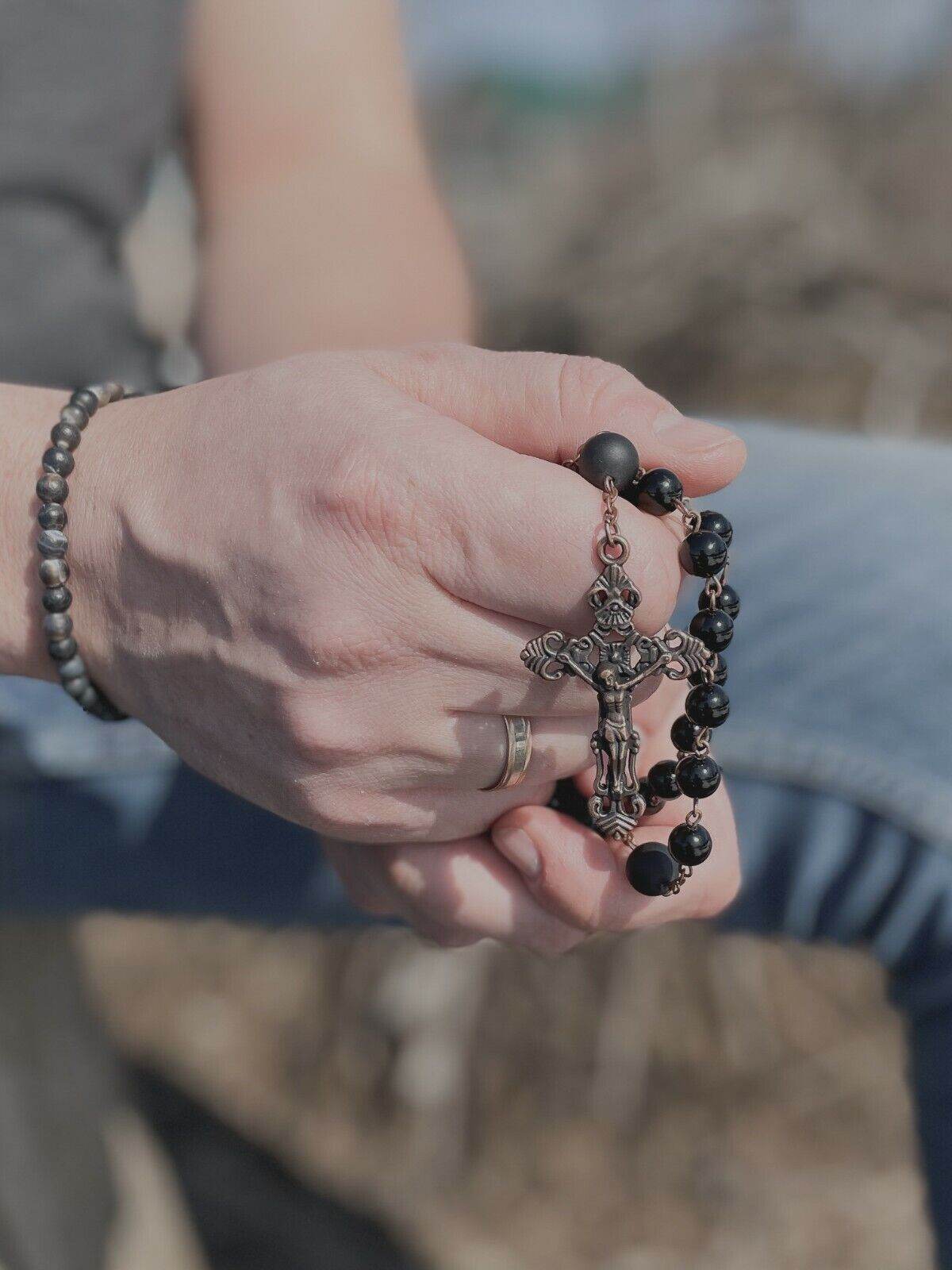 Natural Onyx Stone Beads Rosary Vintage Design Necklace Holy Soil Medal Cross - Nazareth Store