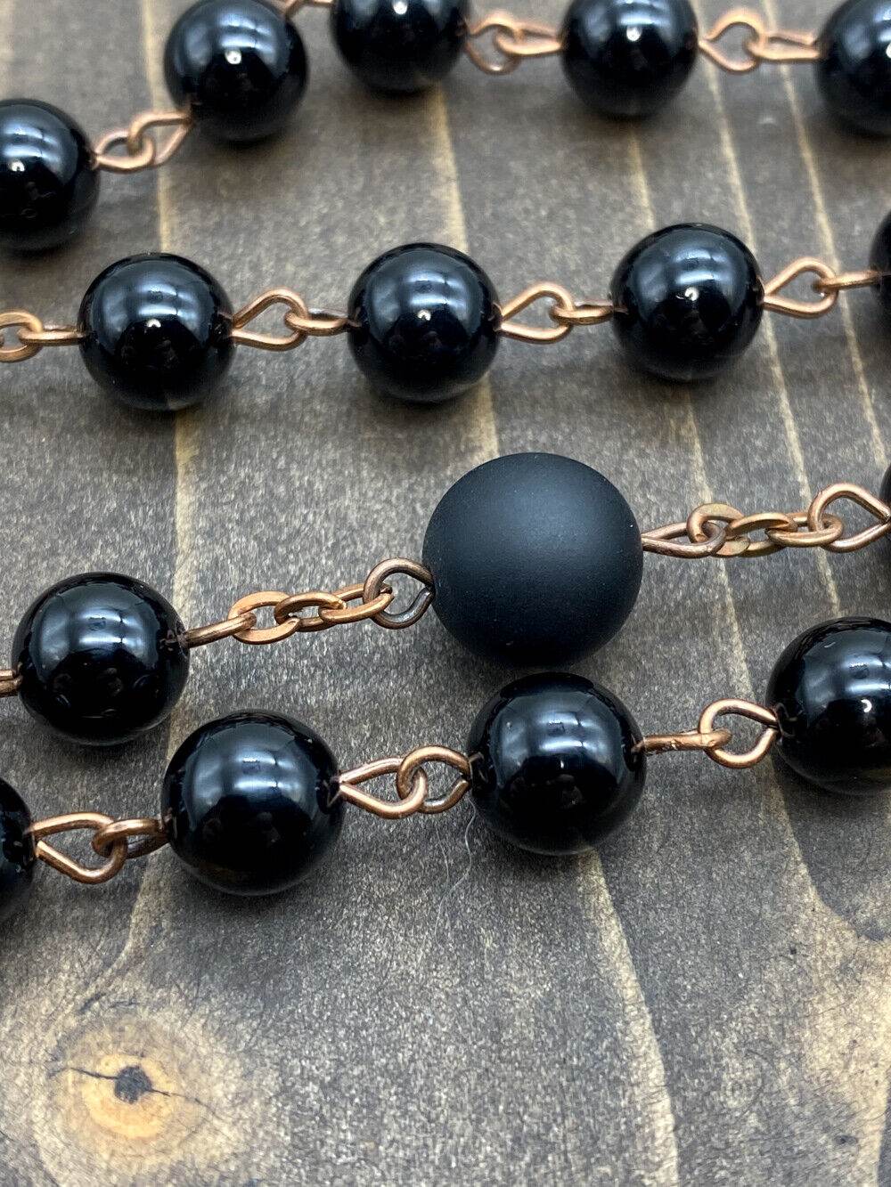 Natural Onyx Stone Beads Rosary Vintage Design Necklace Holy Soil Medal Cross - Nazareth Store
