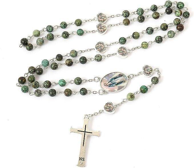 African Jasper Stone Beads Rosary Necklace with Miraculous Epoxy Heart Metal Beads - Nazareth Store