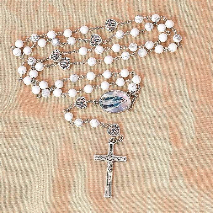 Howlite Stone Beads Rosary Necklace with Miraculous Epoxy Heart Metal Beads - Nazareth Store