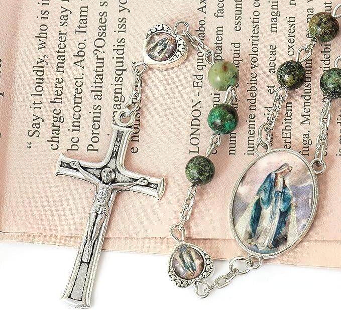 African Jasper Stone Beads Rosary Necklace with Miraculous Epoxy Heart Metal Beads - Nazareth Store