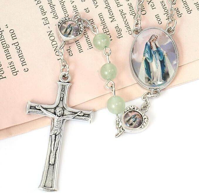 Aventurine Beads Rosary Necklace with Miraculous Epoxy Heart Metal Beads - Nazareth Store