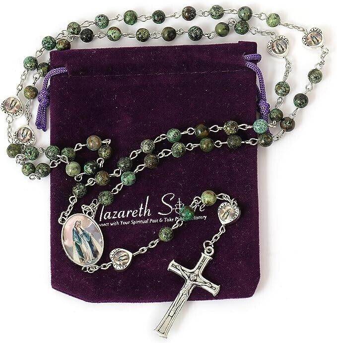 African Jasper Stone Beads Rosary Necklace with Miraculous Epoxy Heart Metal Beads - Nazareth Store