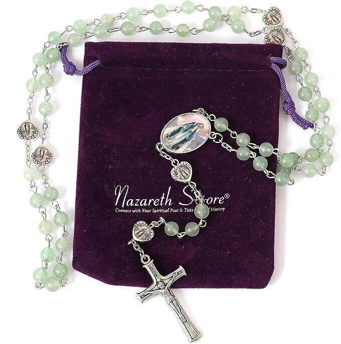 Aventurine Beads Rosary Necklace with Miraculous Epoxy Heart Metal Beads - Nazareth Store