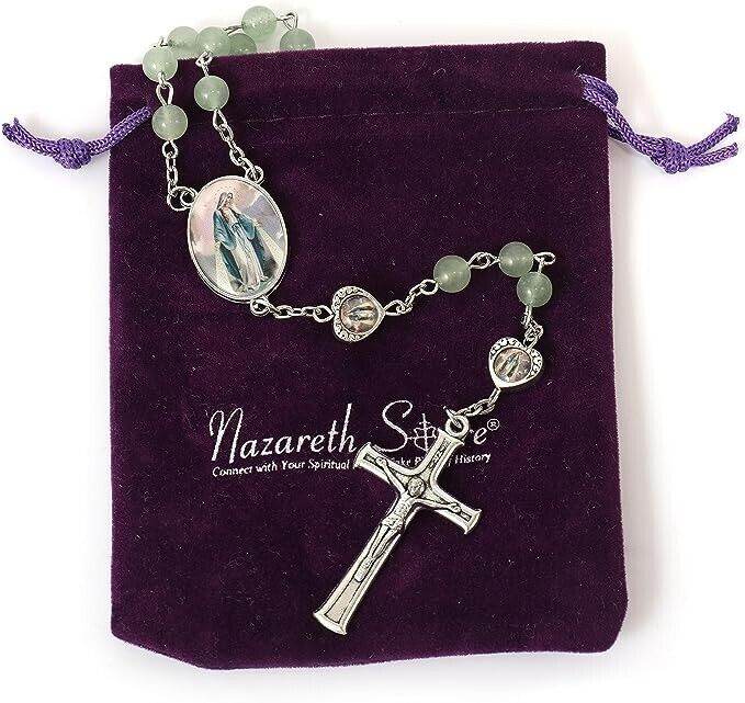Aventurine Beads Rosary Necklace with Miraculous Epoxy Heart Metal Beads - Nazareth Store
