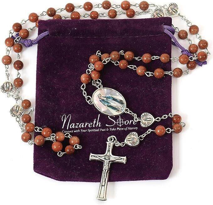 Gold Sandstones Beads Rosary Miraculous Epoxy Heart Metal Beads Necklace - Nazareth Store