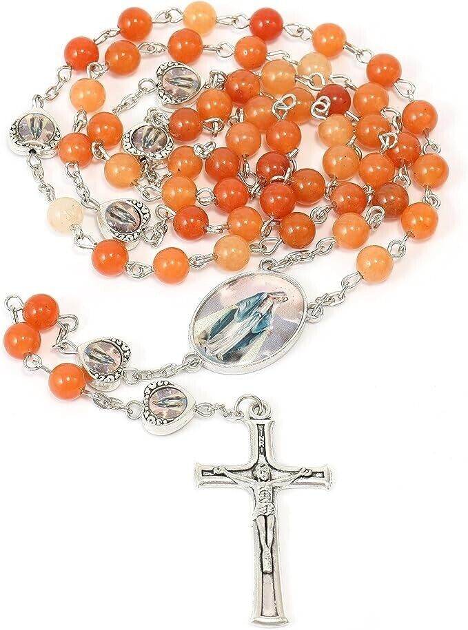 Rosary Necklace with Red Aventurine Beads and Miraculous Epoxy Heart Metal Beads - Nazareth Store