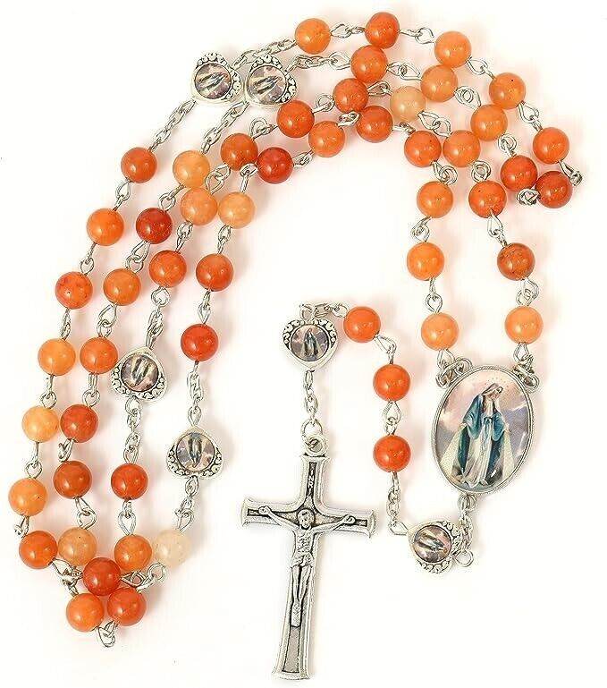 Rosary Necklace with Red Aventurine Beads and Miraculous Epoxy Heart Metal Beads - Nazareth Store