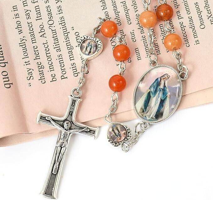 Rosary Necklace with Red Aventurine Beads and Miraculous Epoxy Heart Metal Beads - Nazareth Store