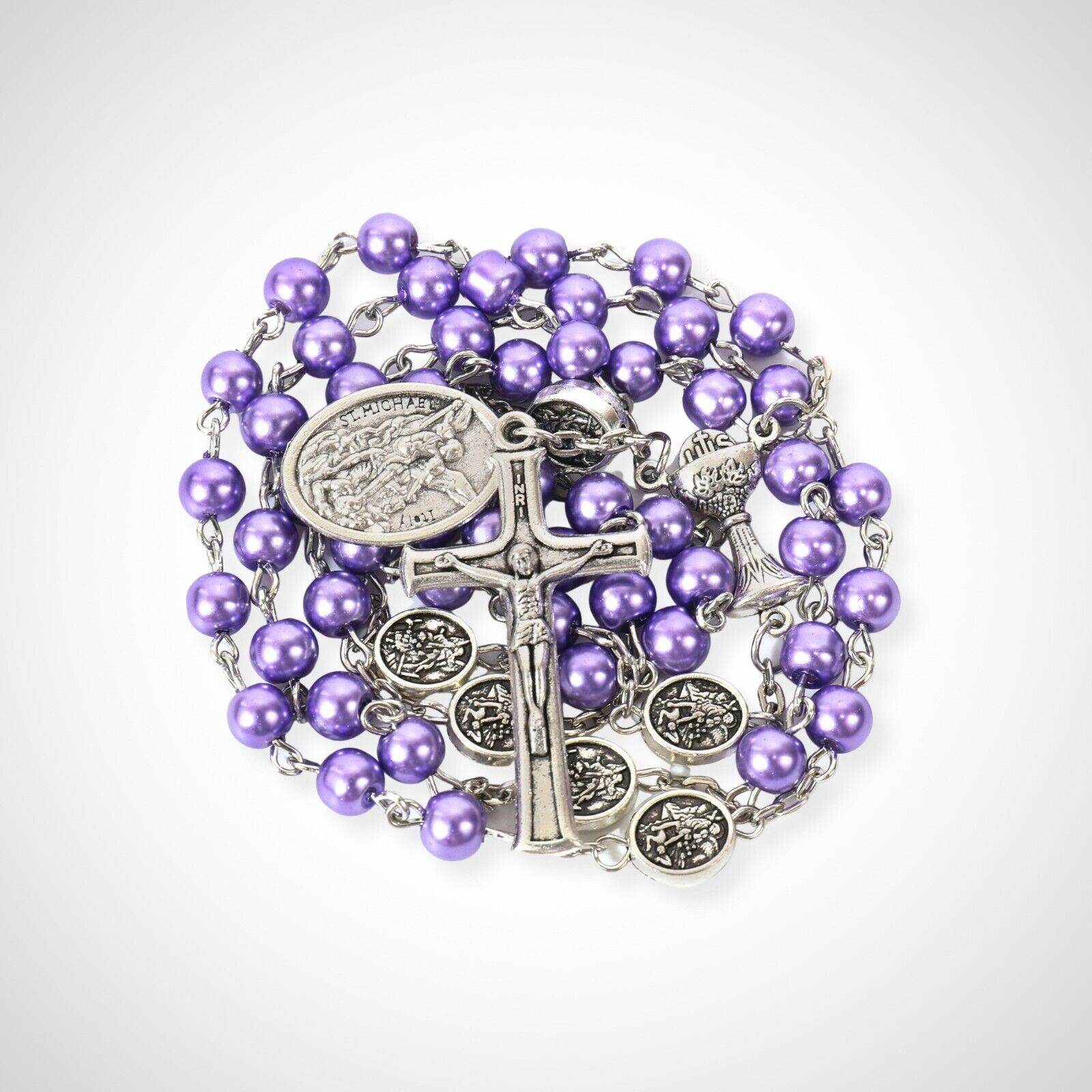Purple Pearl Beads Communion Rosary Guardian Our Father Beads St.Micahel Medal - Nazareth Store