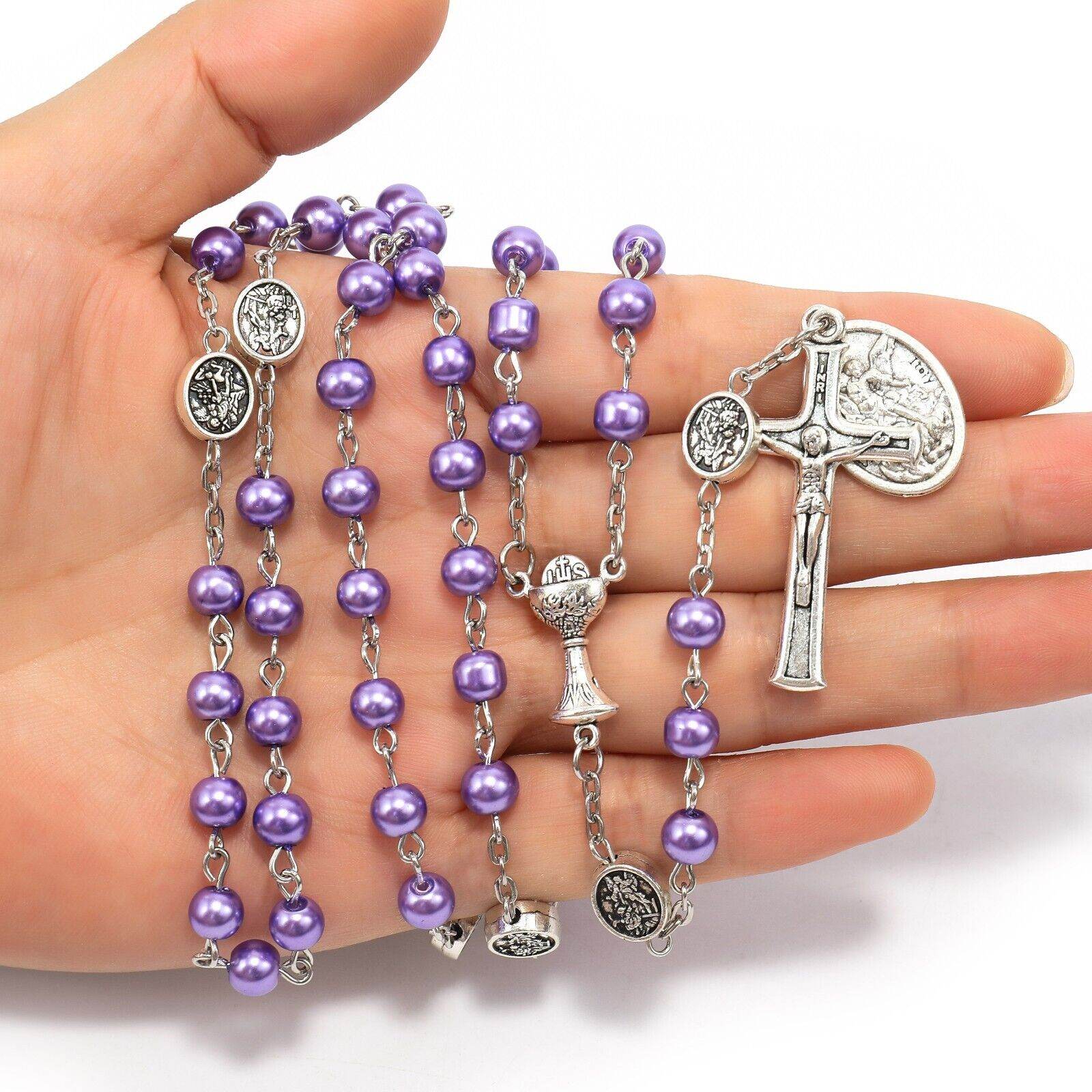 Purple Pearl Beads Communion Rosary Guardian Our Father Beads St.Micahel Medal - Nazareth Store
