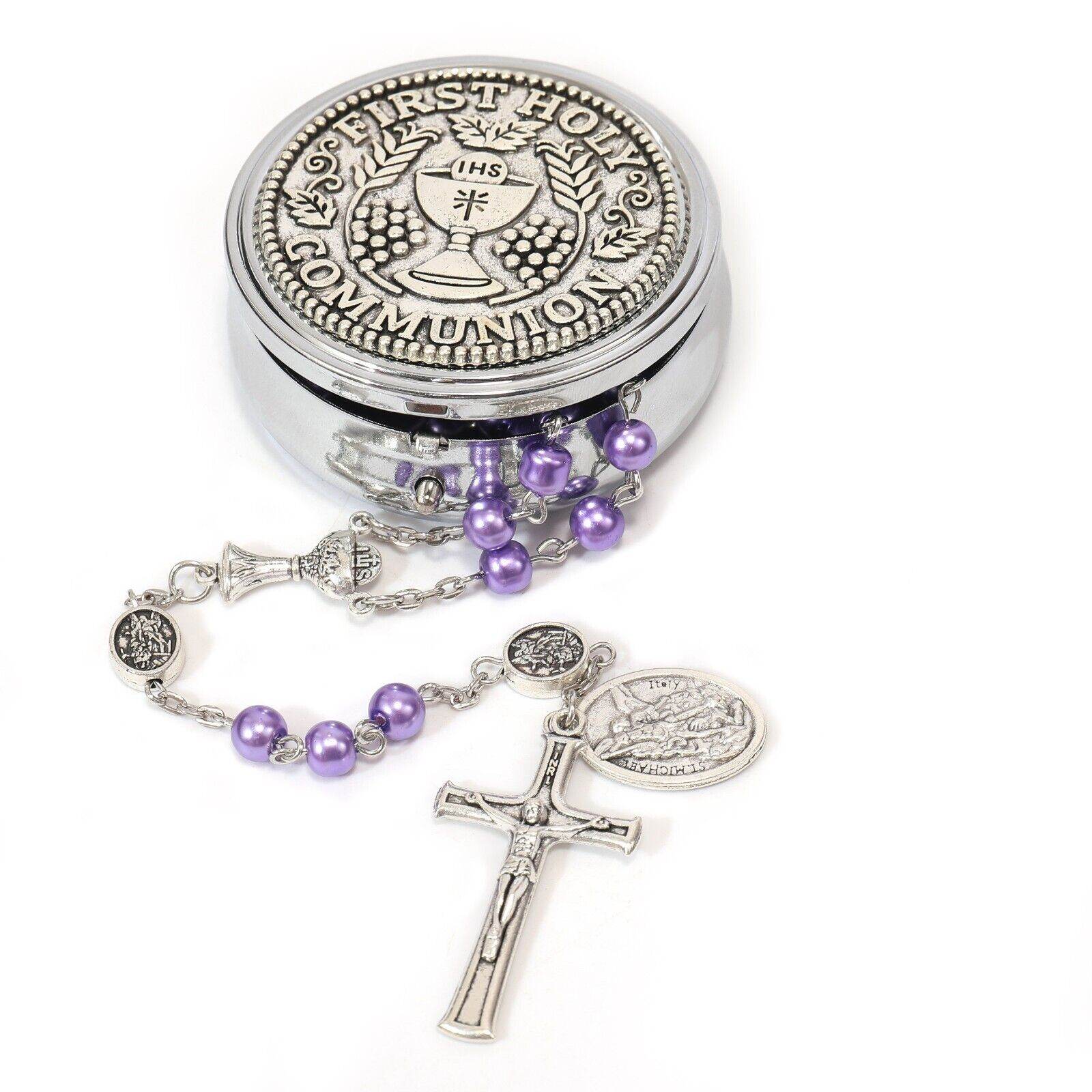 Purple Pearl Beads Communion Rosary Guardian Our Father Beads St.Micahel Medal - Nazareth Store