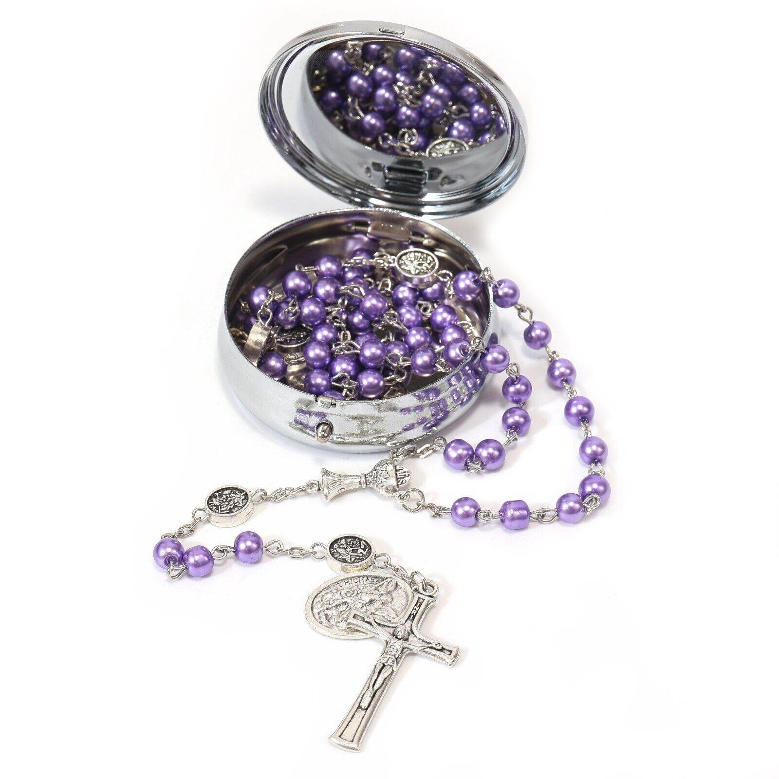 Purple Pearl Beads Communion Rosary Guardian Our Father Beads St.Micahel Medal - Nazareth Store