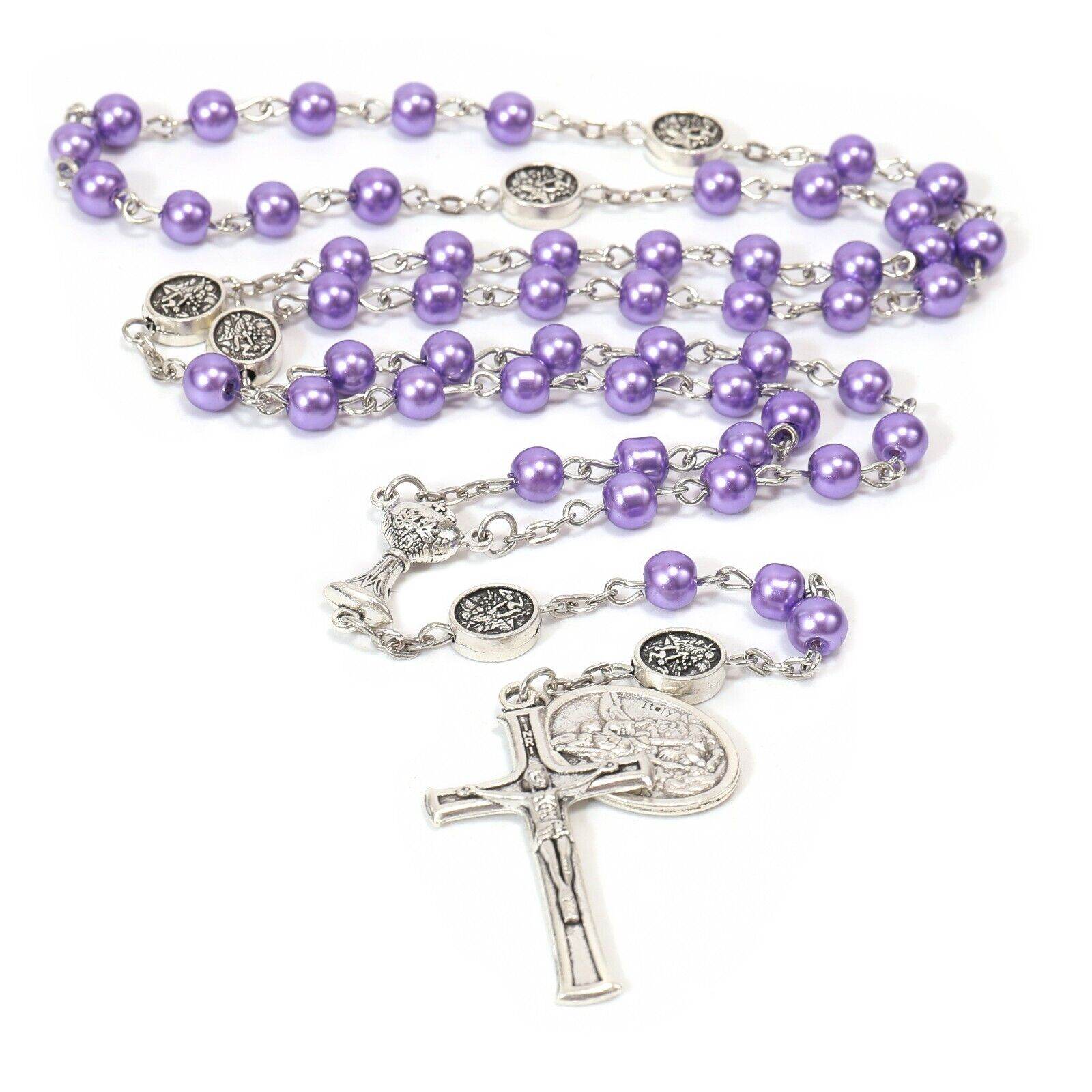 Purple Pearl Beads Communion Rosary Guardian Our Father Beads St.Micahel Medal - Nazareth Store