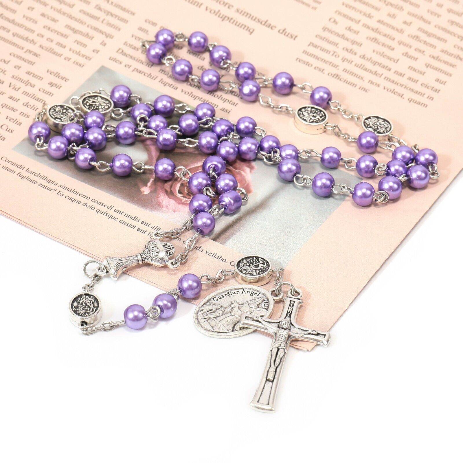 Purple Pearl Beads Communion Rosary Guardian Our Father Beads St.Micahel Medal - Nazareth Store