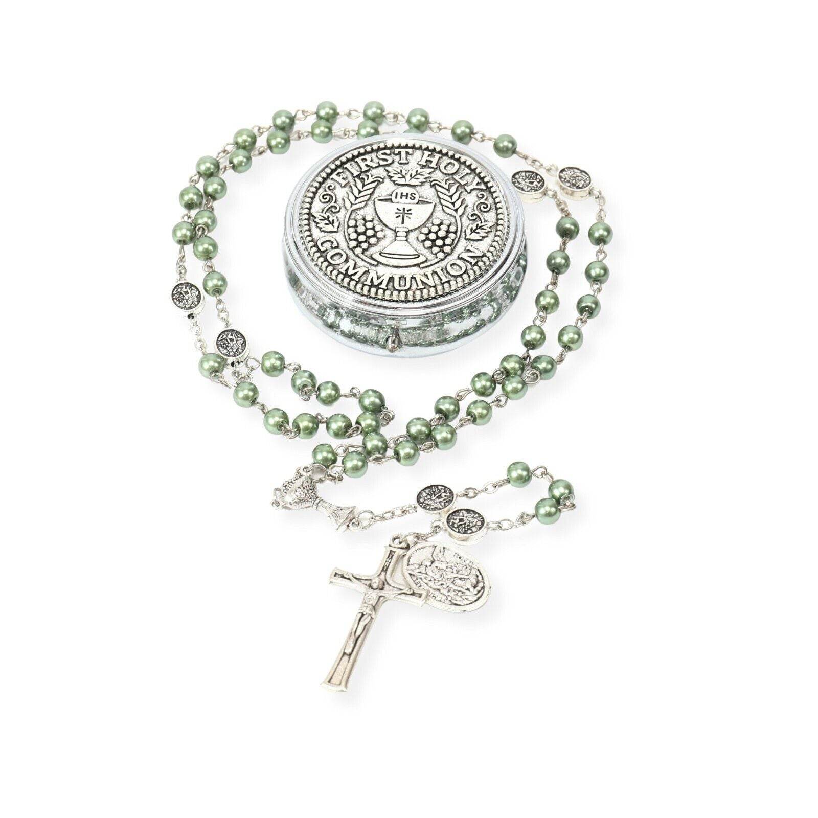 Green Pearl Communion Rosary Guardian Our Father Beads and St. Michael Medal - Nazareth Store