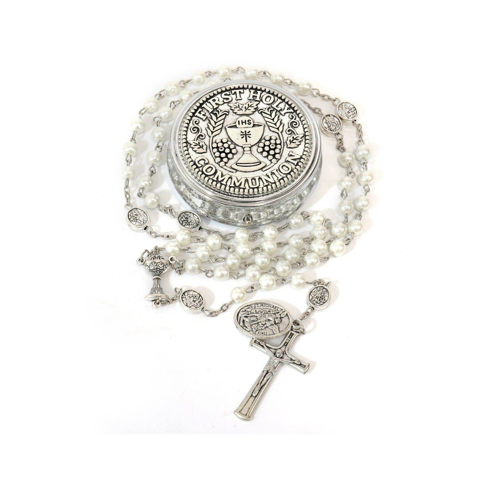 White Pearl Communion Rosary with Guardian Our Father Beads and St. Michael Medal - Nazareth Store