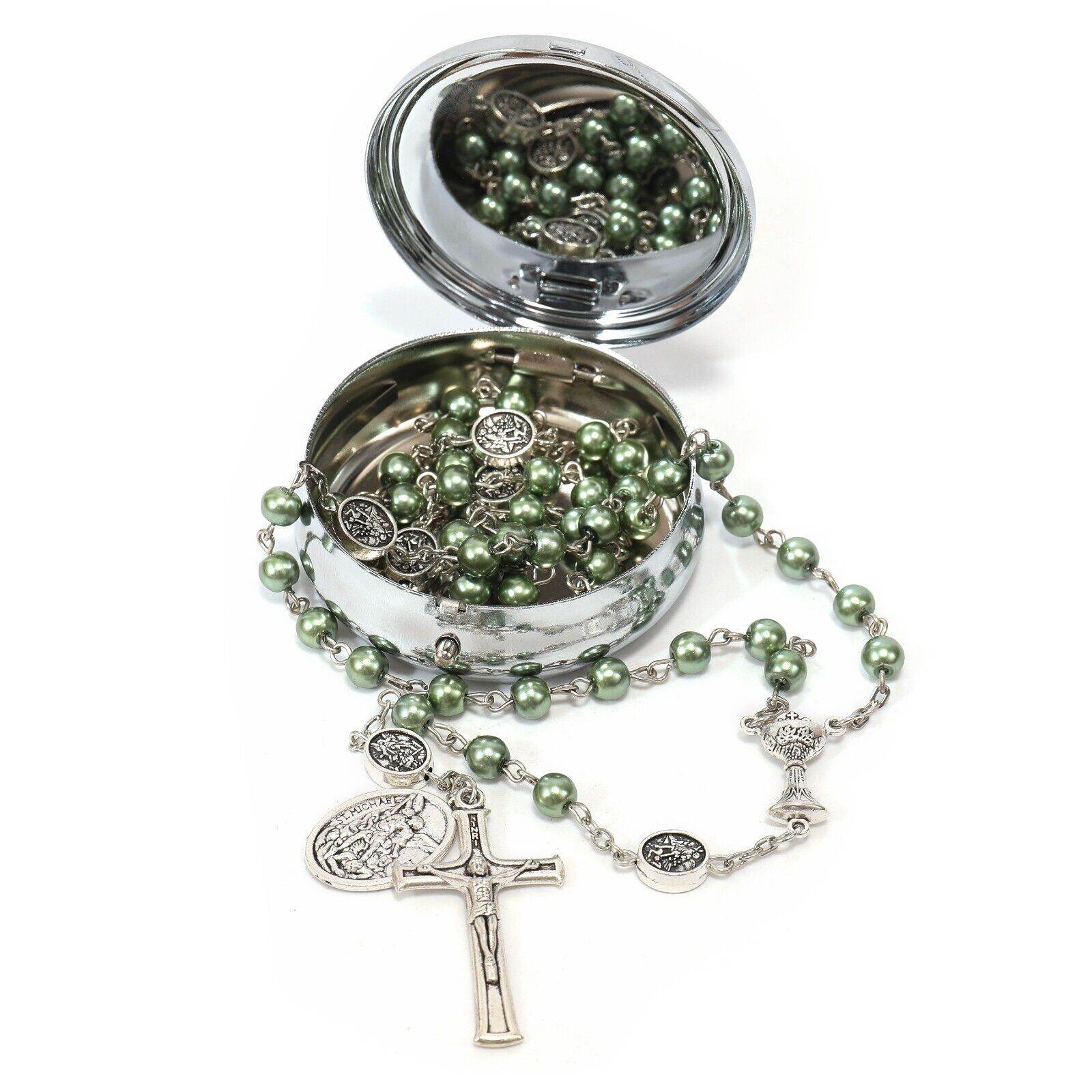 Green Pearl Communion Rosary Guardian Our Father Beads and St. Michael Medal - Nazareth Store