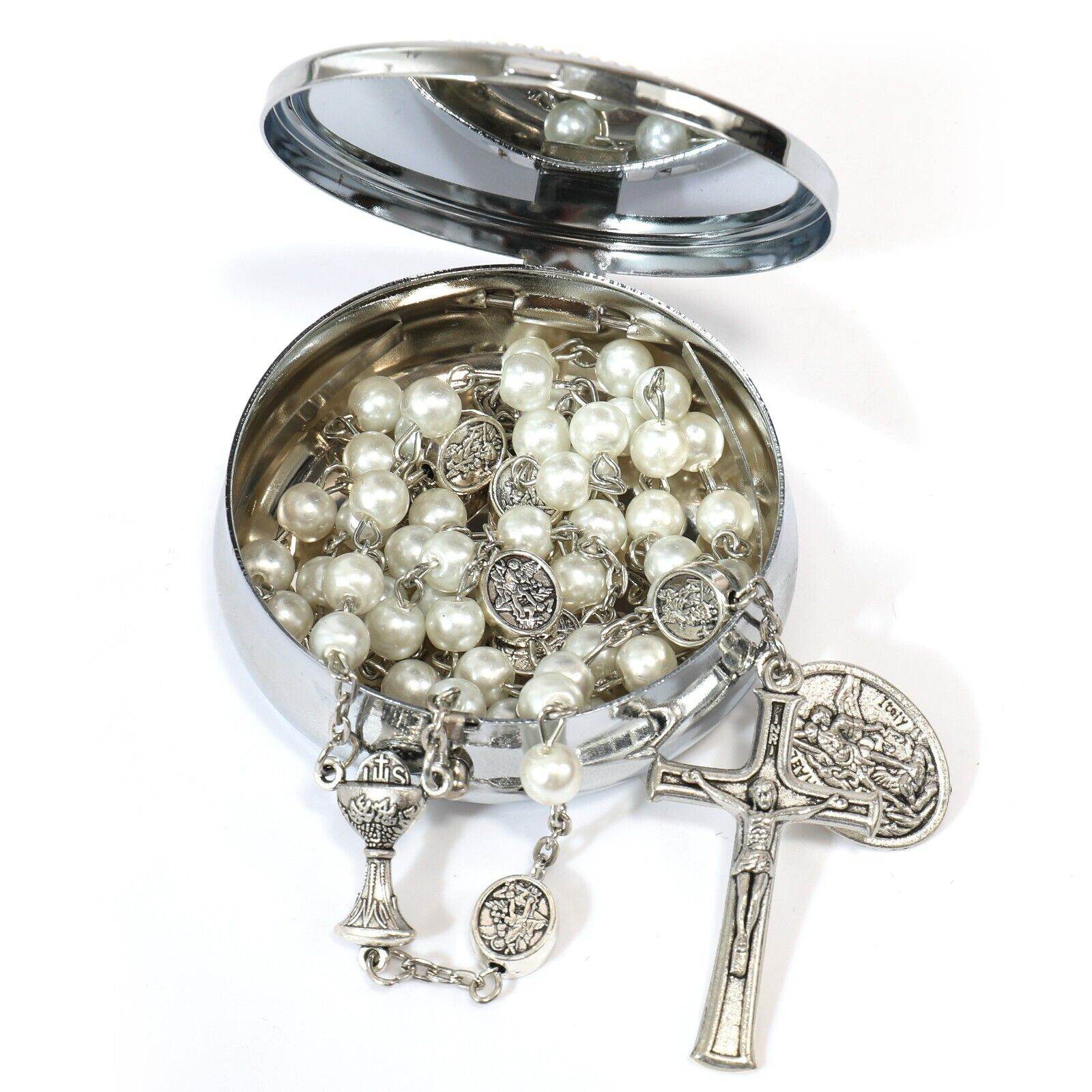White Pearl Communion Rosary with Guardian Our Father Beads and St. Michael Medal - Nazareth Store