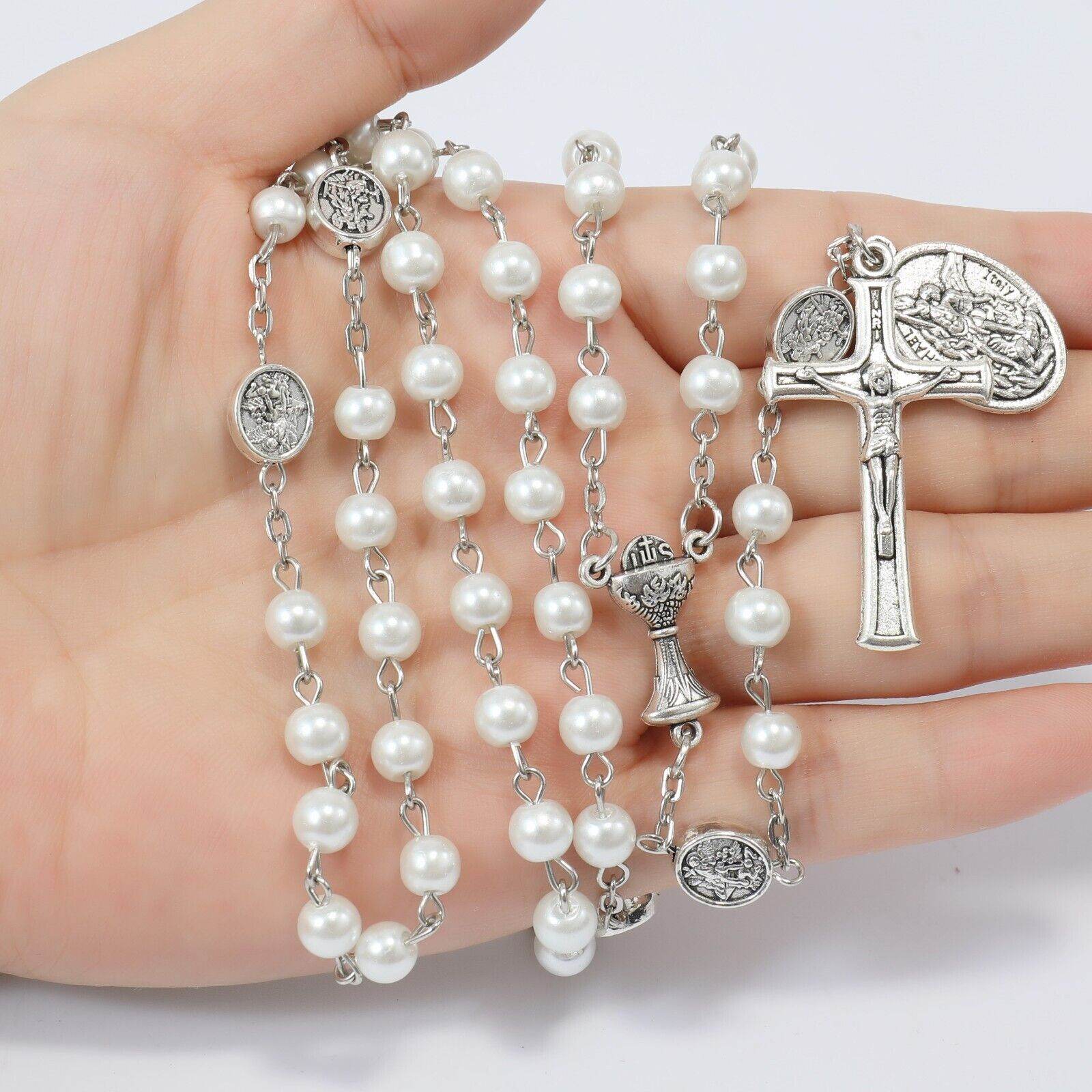 White Pearl Communion Rosary with Guardian Our Father Beads and St. Michael Medal - Nazareth Store