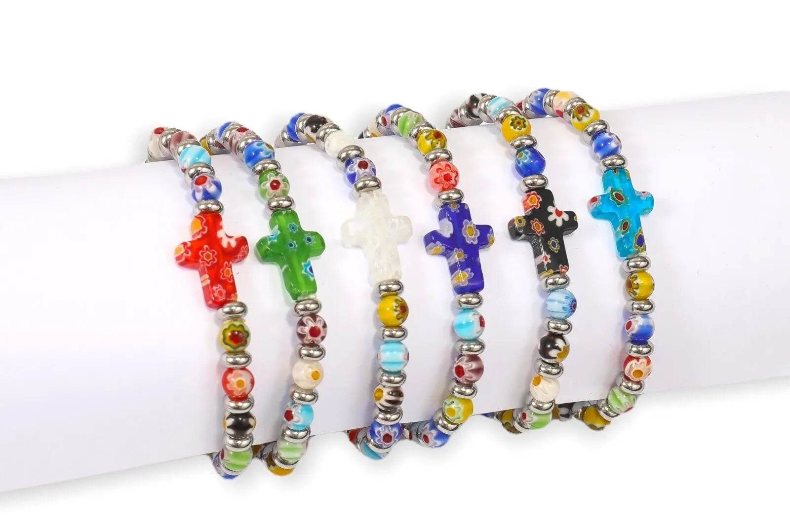 Agate Flowers Rosary Beads Cross Bracelet Bangle Handmade Christian Bracelet - Nazareth Store